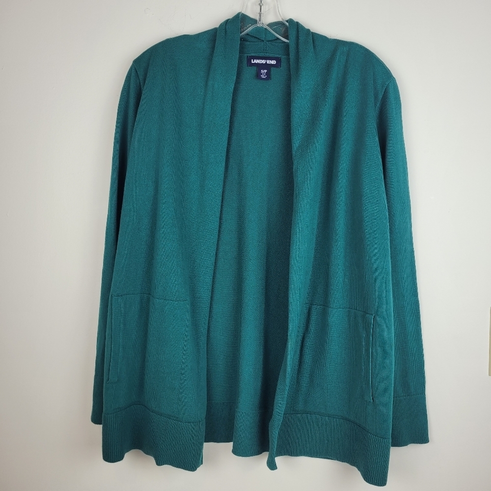 Lands End long teal green cotton cardigan pockets grandma core casual work S/P - Picture 3 of 9
